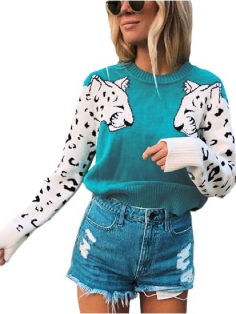 MINKPINK Teal Crewneck Sweater with White Leopard-Print Sleeves